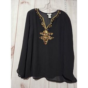 Caren‎ Sport Top Womens 1X Sheer Chiffon Embellished Tunic Long Sleeve Blouse
